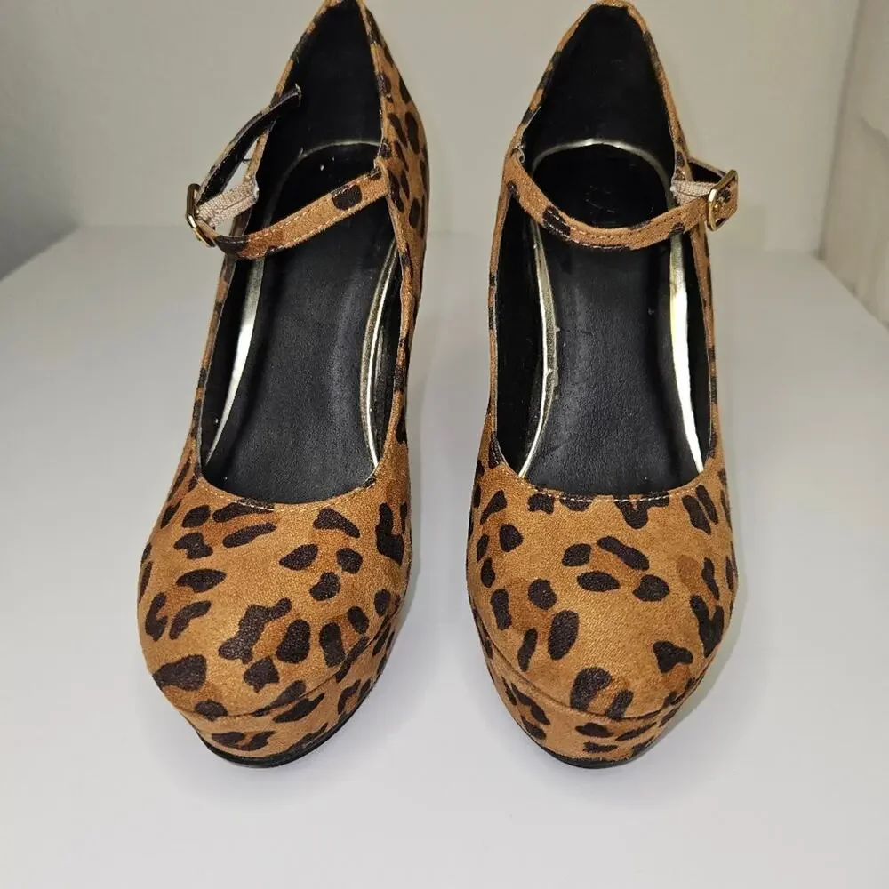 Forever 21 Leopard Print Chunky Mary Jane Heels Platform Womens Sz 7 Y2K Bratz